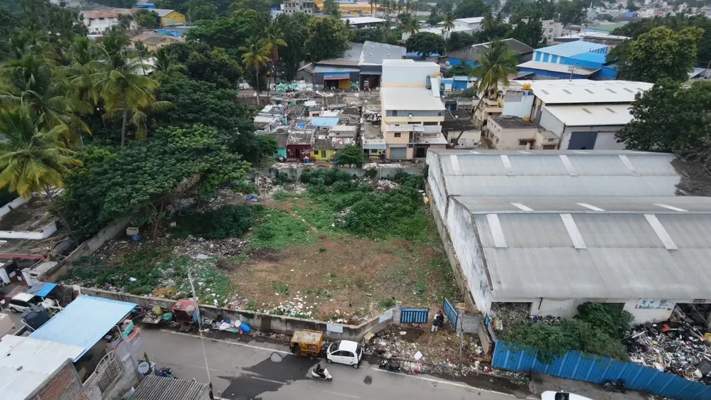 Aerial drone view of the 16,100 sq ft industrial plot in Bannimantap, Mysore